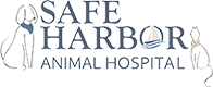 Logo of Safe Harbor Animal Hospital, a veterinarian facility, featuring the name in stylized blue and light grey fonts, with an icon of a pet collar and a house subtly integrated into the design.
