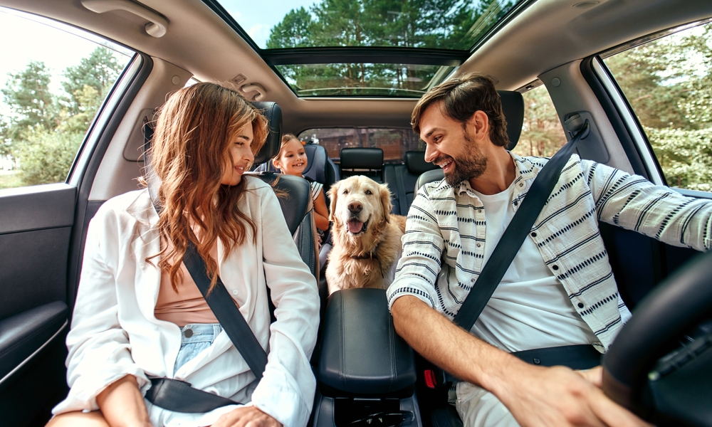 A happy family with a child and a dog enjoying a car ride together, with the father driving and the mother sitting beside him, both smiling at the dog in the back seat who has just been to the vet.