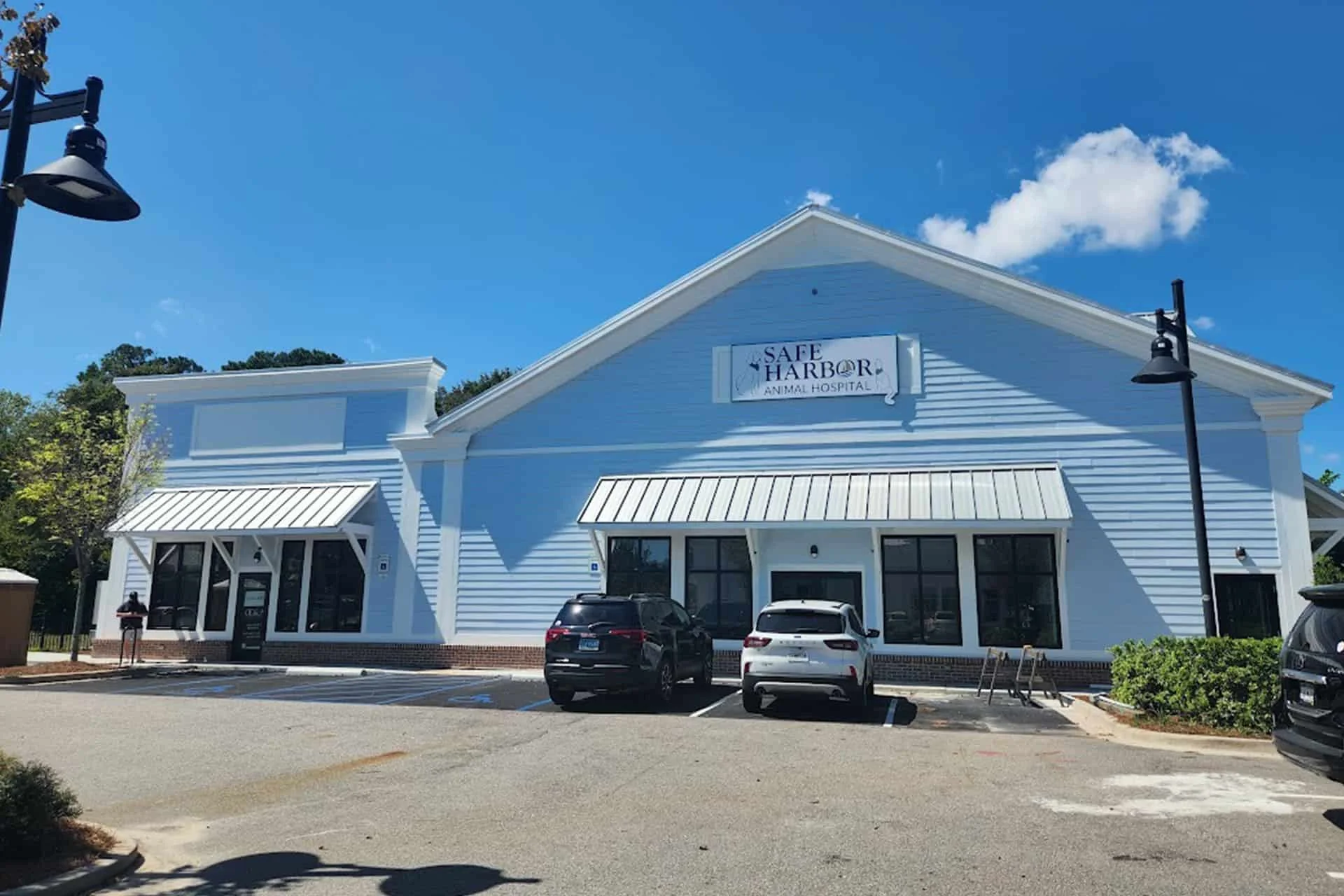 A bright, sunny day showcasing a pale blue, single-story building labeled "safe harbor vet" with a pitched roof, several windows, a parking lot with cars, and surrounding greenery.